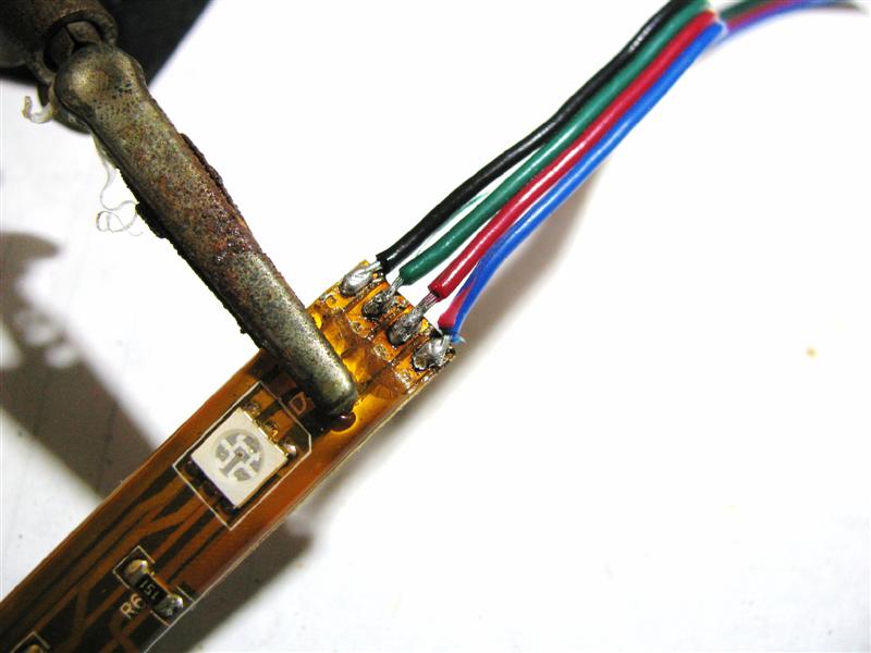 Wires soldered onto the end of RGB Flexible LED Strip