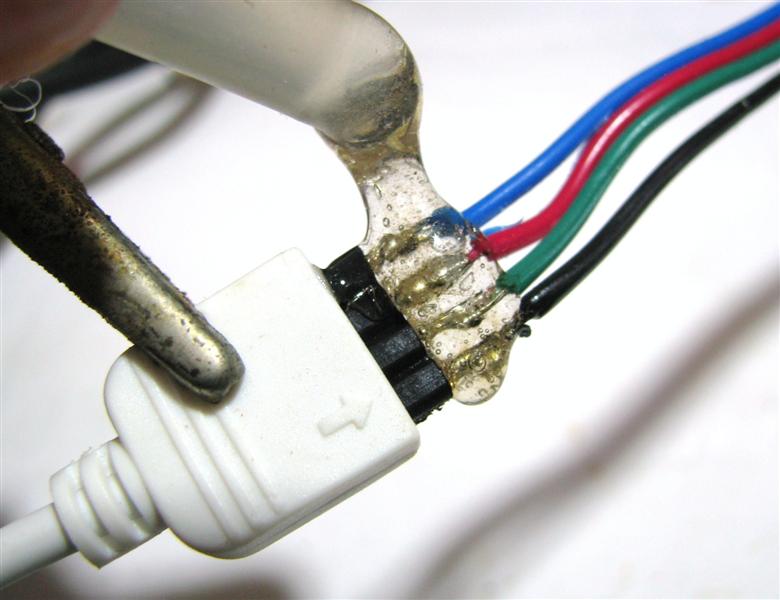 Cover 4 pin to IR receiver solder connection with melted hot glue