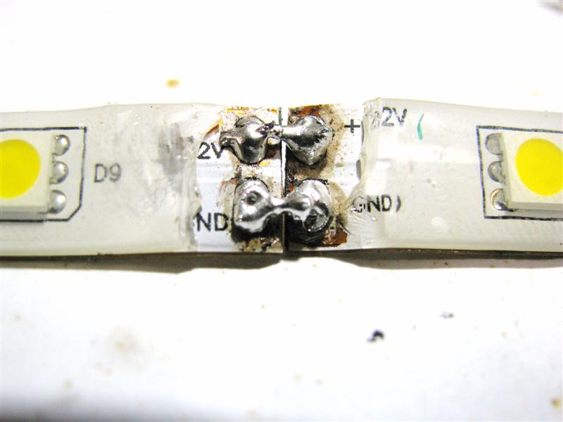 Completed solder connection between two single color flexible LED strips.