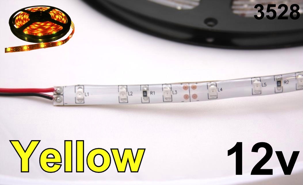 12V Yellow/Amber 3528 Flexible LED Strip 16’ Roll
