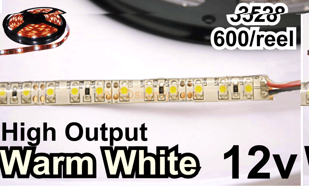 12V Warm White 3528 Flexible LED Strip 16' Roll (IP-65) (High Output 600/reel)