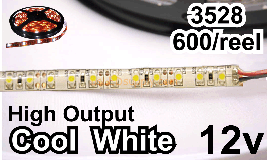 12V Cool White 3528 Flexible LED Strip 16' Roll (IP-65) (High Output 600/reel)
