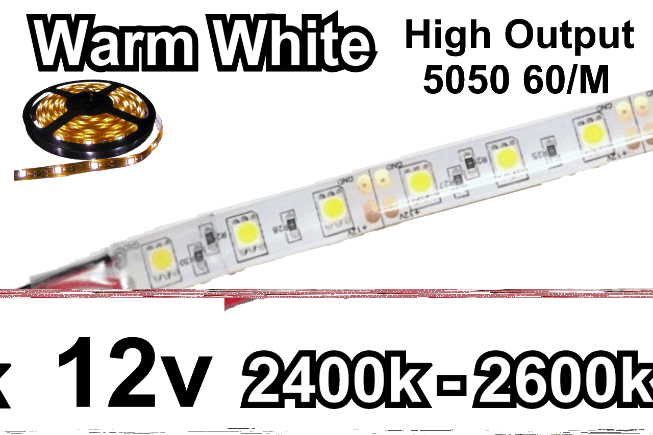 12V Warm White Flexible LED Strip 16' Reel (High Output) 60/M 300/Roll 2400k-2600k Un-Coated (Non waterproof) 