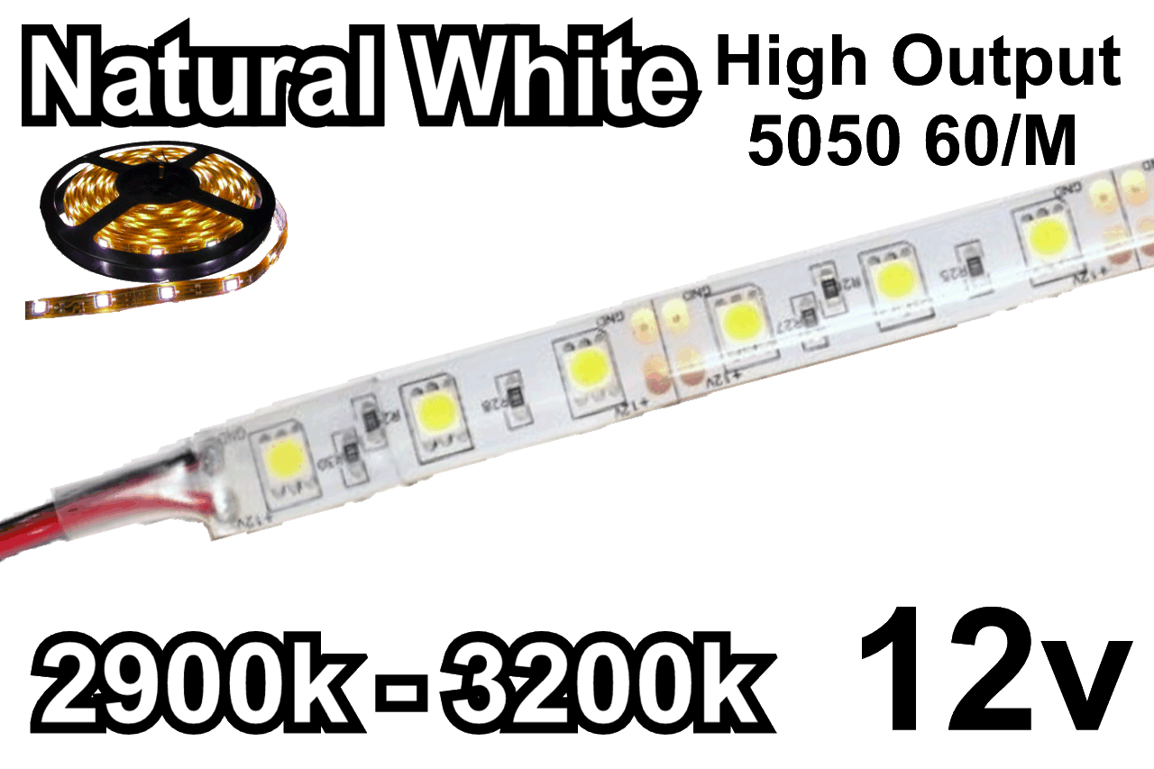 12V Natural White Flexible LED Strip (IP-65) (High Output) 60/M 300/Roll 2900k-3200k 