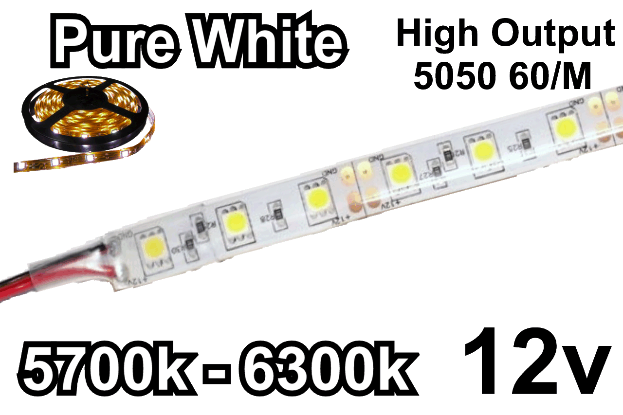 12v Pure/Cool White Flexible LED Strip (IP-65) High Output 60/M 300/Reel 5700k-6300K