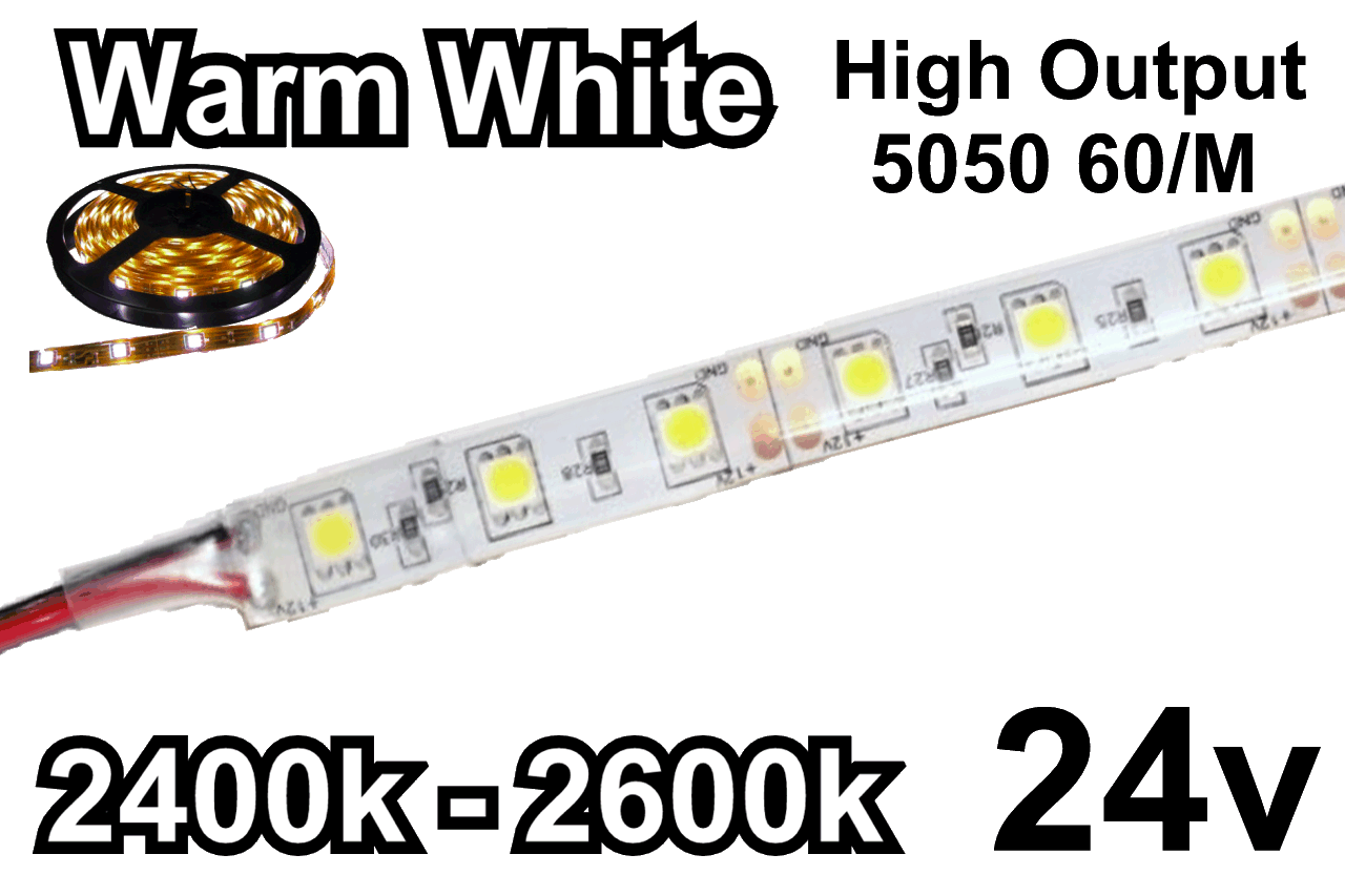 24V Warm White Flexible LED Strip 16' Roll (IP-65) (High Output) 60/M 300/Roll 2400k-2600k