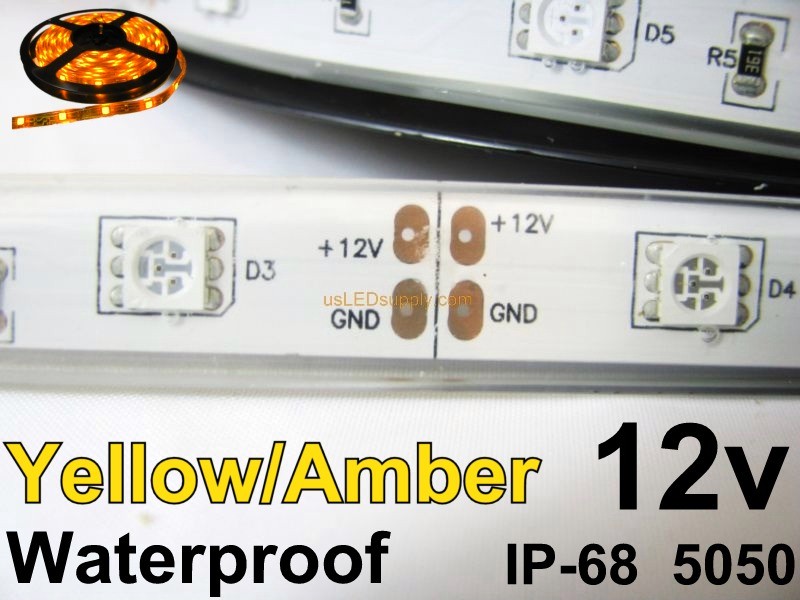 12V Yellow/Amber Waterproof Flexible LED Strip 16' Roll