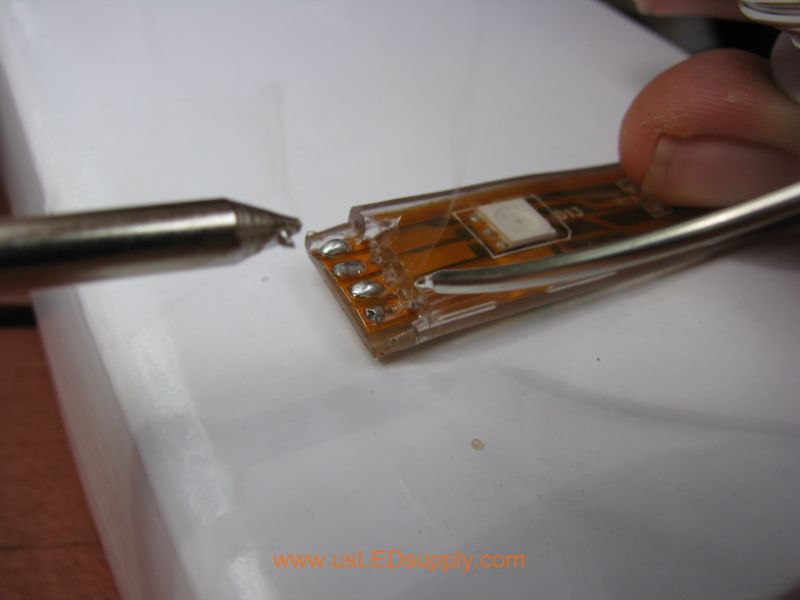 Pre tin the solder pads on the end of each flexible LED strip with Rosin Cor solder