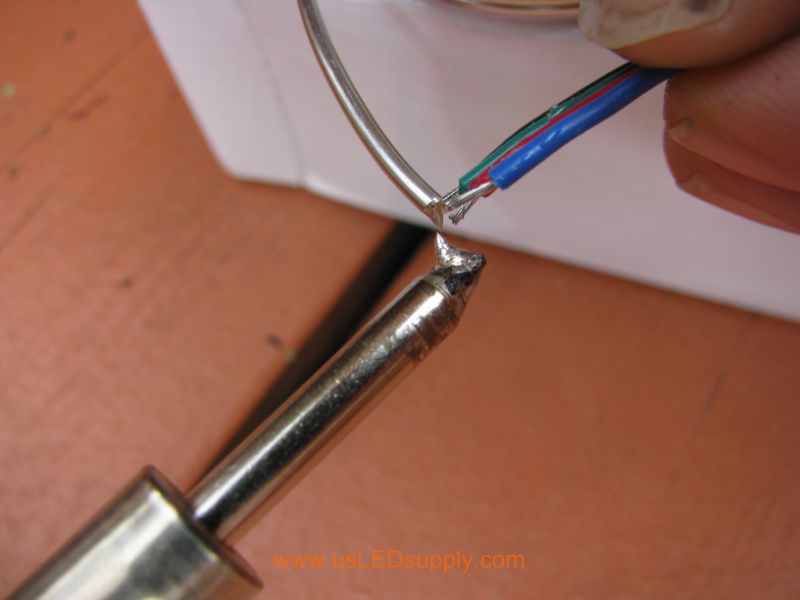 Pre tin stripped ends of control cable, to make it easier to solder to the end of the flexible LED strip (which is also pre tinned).