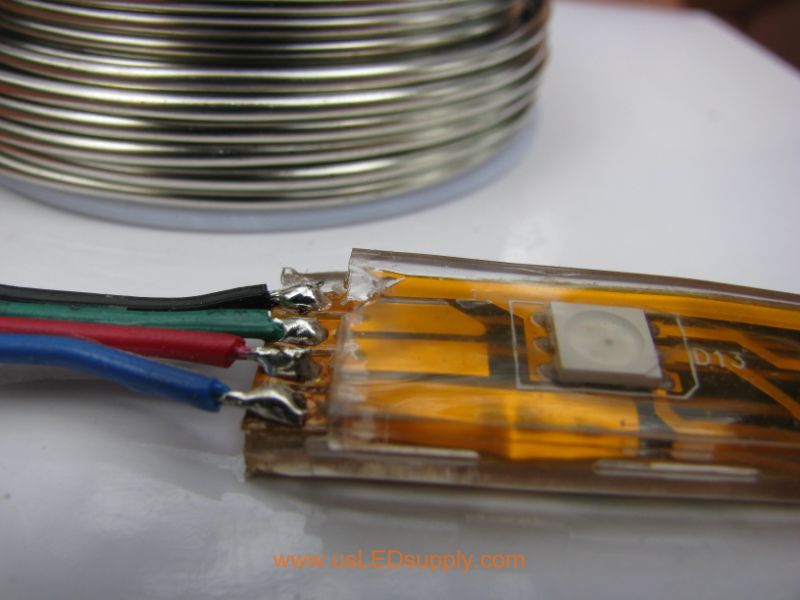 Solder the pre tinned ends of the control cable to the pre tinned solder pads on the end of the flexible LED strip.