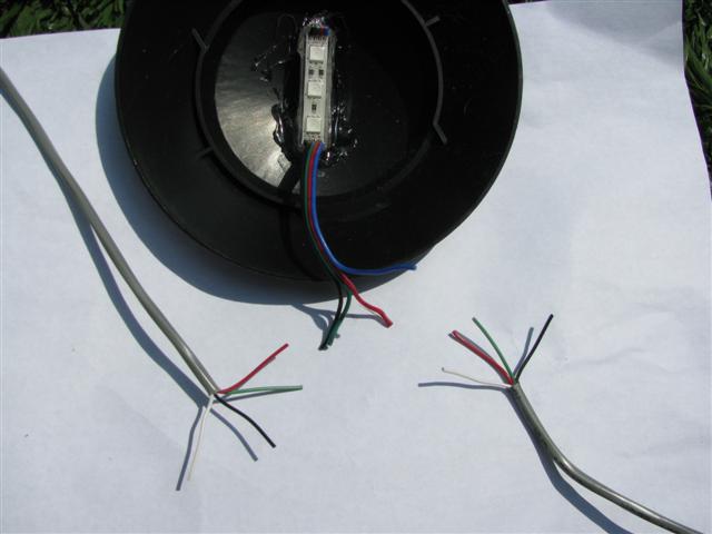 Wiring up the RGB LED modules in the garden path lights.