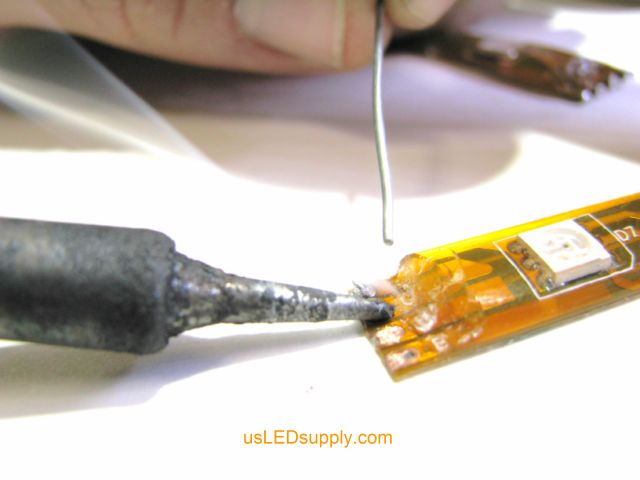 Pre tin the solder pads on the end of each flexible LED strip with Rosin Cor solder