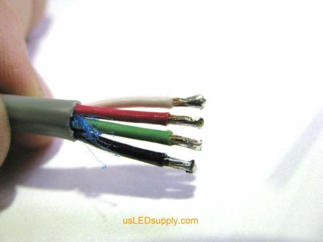Pre tinned stripped ends of control cable, to make it easier to solder to the end of the flexible LED strip (which is also pre tinned).