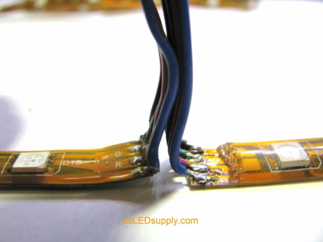 Place flexible LED strips end-to-end with wires sticking straight up