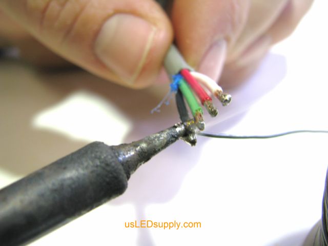 Pre tin stripped wires of control cable, to make it easier to solder to the end of the single color flexible LED strip.