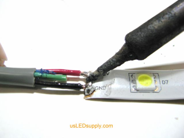 Solder wires to the solder pads of the single color flexible LED strip.